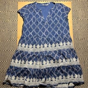 Roller Rabbit Pamela crochet Embroidered Dress M Blue White Print 100% cotton